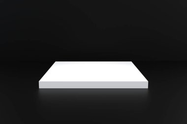 Siyah zemin üzerinde soyut White Square Pedestal Stage mevcut reklam ürünü tasarımı için boş beyaz podyum mockup.3D resimleme