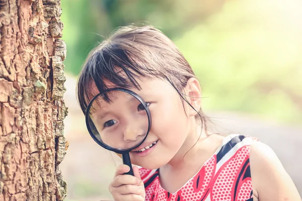 Ragazzina Guardando Con Lente Ingrandimento Esplora Insetto Albero Infanzia Conoscenza — Foto Stock