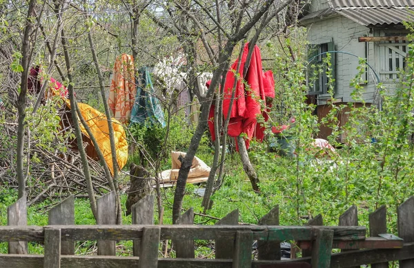 Frühjahr Werden Bunte Matratzen Und Decken Den Zweigen Von Kirsch — Stockfoto