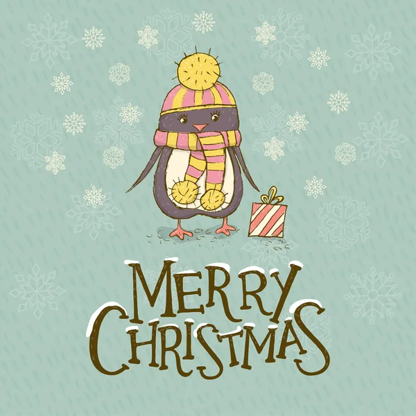 Carte de voeux de Noël avec un pingouin mignon — Image vectorielle