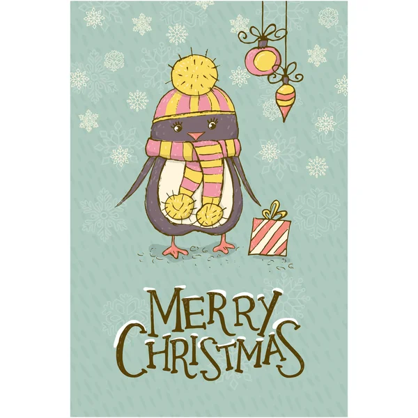 Tarjeta de felicitación de Navidad con un lindo pingüino — Archivo Imágenes Vectoriales