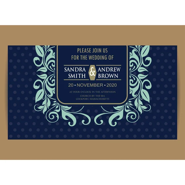 Navy blue floral wedding invitation card — Stock Vector