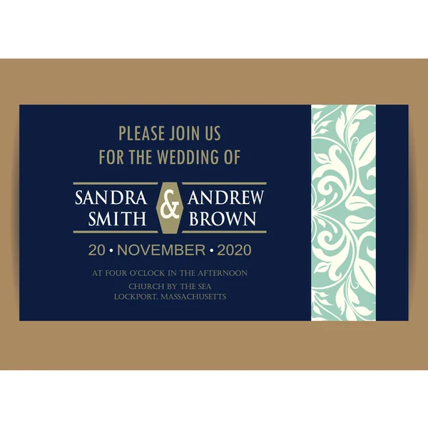 Tarjeta de invitación de boda floral azul marino — Vector de stock