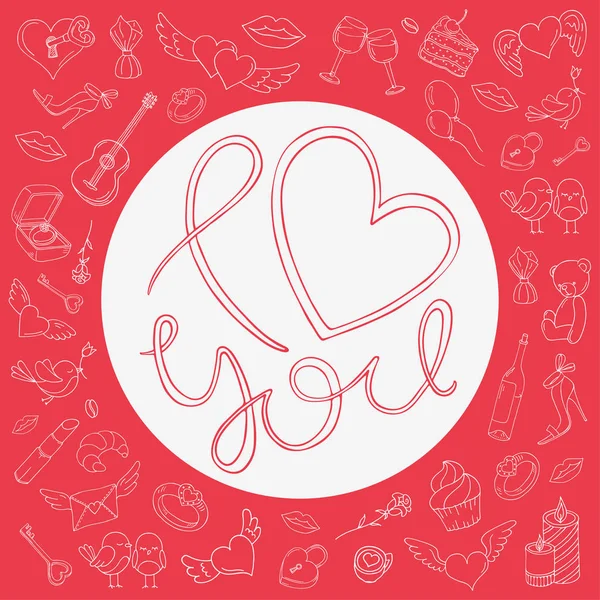 Liebesdesign auf rotem Hintergrund mit Symbolen zum Valentinstag — Stockvektor
