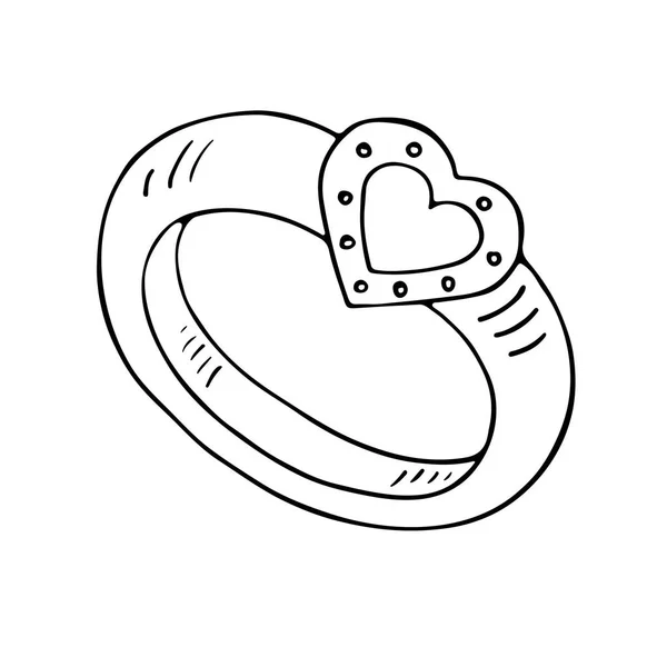 Icono de anillo de boda con corazón. Delineado sobre fondo blanco — Vector de stock