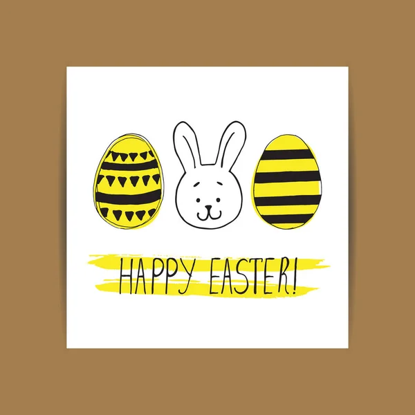 Easter greeting card with easter eggs and bunny doodles. Hand le — Stock Vector