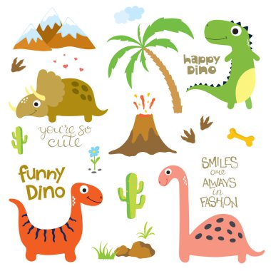 Dinozor ayak izi, volkan, palmiye ağacı ve diğer tasarım öğeleri