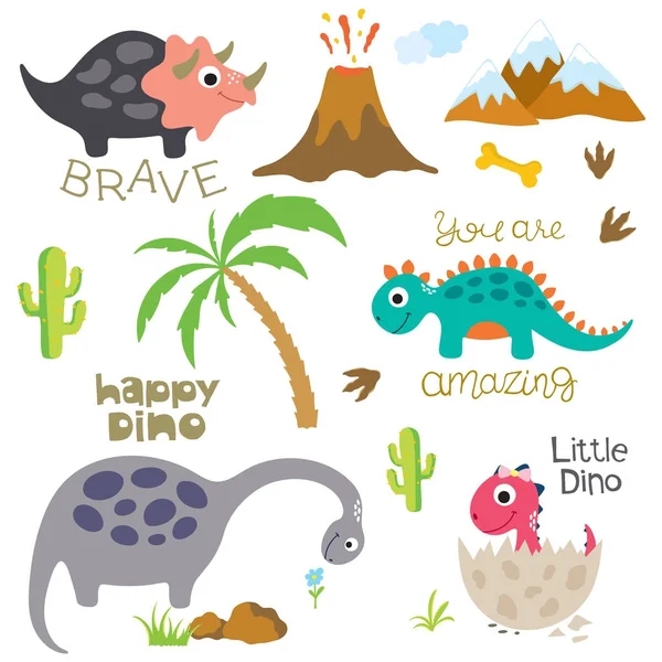 Dinosaur footprint, Volcano, Palm tree and other design elements — Stock Vector