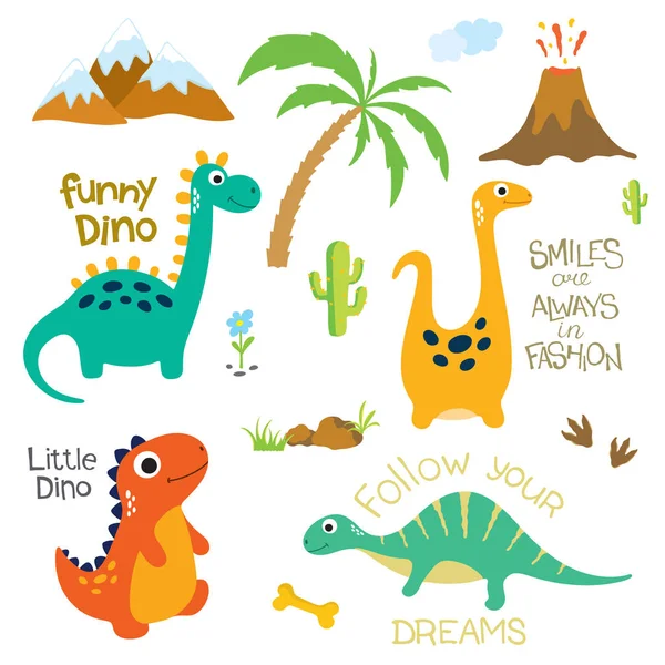 Dinosaur footprint, Volcano, Palm tree and other design elements — Stock Vector