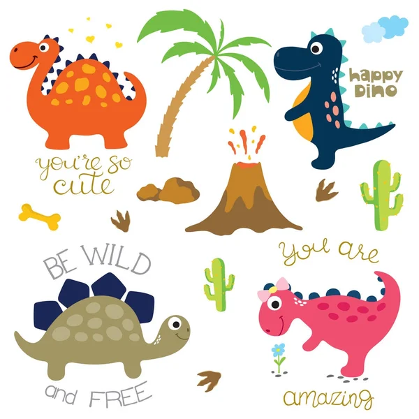 Dinosaur footprint, Volcano, Palm tree and other design elements — Stock Vector