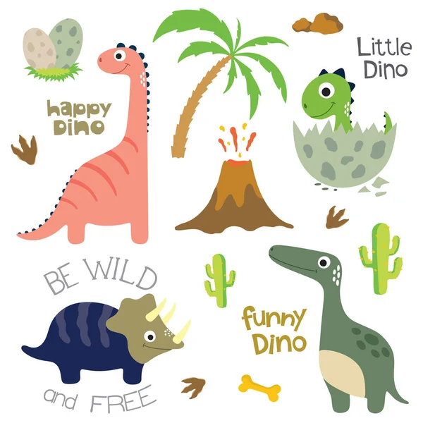 Dinosaur footprint, Volcano, Palm tree and other design elements — Stock Vector