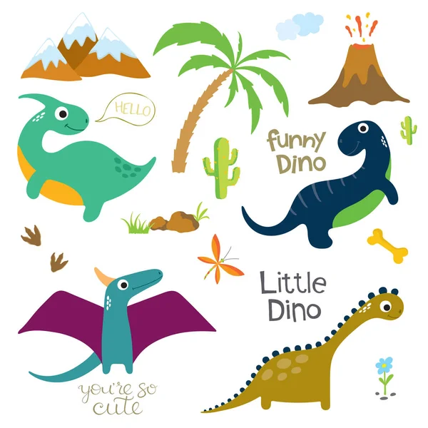 Impronta dei dinosauri, vulcano, palma e altri elementi di design — Vettoriale Stock
