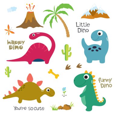 Dinozor ayak izi, volkan, palmiye ağacı ve diğer tasarım öğeleri