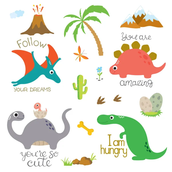 Dinoszaurusz lábnyom, vulkán, Palm fa, kő-, csont- és kaktusz — Stock Vector