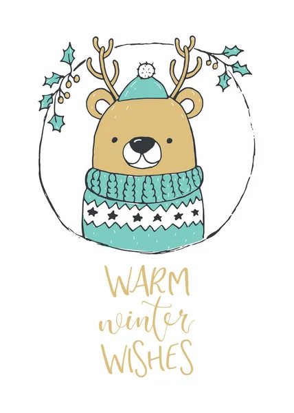 Lindo retrato de oso de Navidad. Deseos cálidos de invierno — Vector de stock