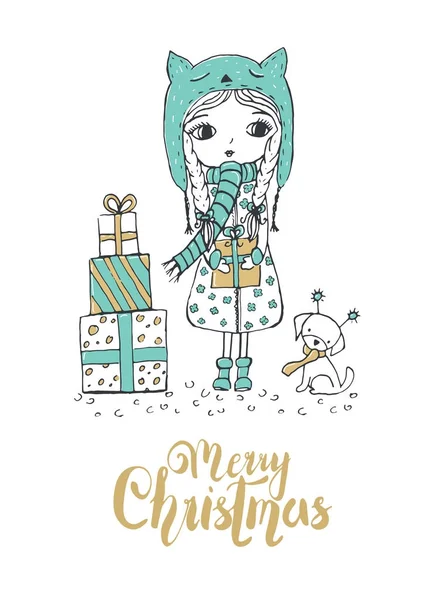 Boże Narodzenie ilustracja małą dziewczynką i ładny pies. Ch Wesołych Świąt — Wektor stockowy