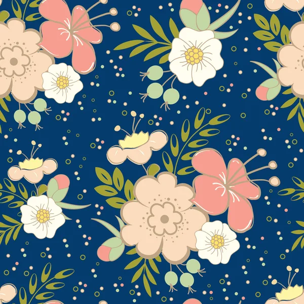 Floral Seamless Pattern on Dark Blue Background — Stock Vector