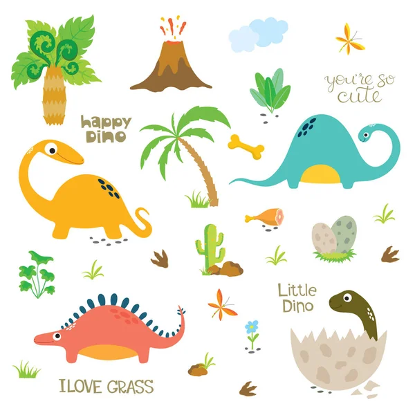 Dinosauri Carini Ambientati Sfondo Bianco Illustrazione Vettoriale — Vettoriale Stock