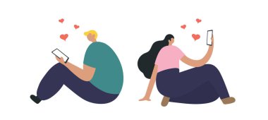 Oğlan ve Kız Aşık. Genç çift. Kadın ve Erkek Karakterleri. Düz Çizgi film Vektör İllüstrasyonu