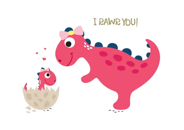 Glad Dinosaurie Med Baby Dino Vektorillustration — Stock vektor