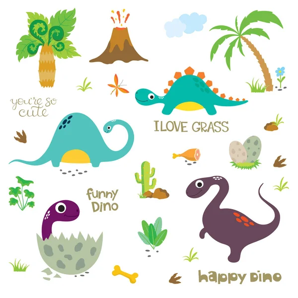 Set Aranyos Dinoszaurusz Karakterek Dinoszaurusz Lábnyom Vulkán Pálmafák Kövek Csontok — Stock Vector