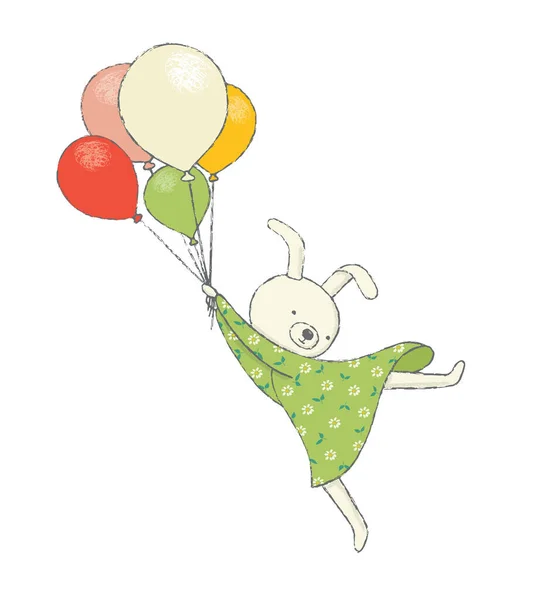 Милый Кролик Летает Воздушных Шарах Векторная Иллюстрация — стоковый вектор