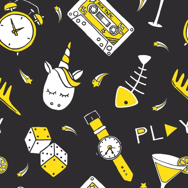 Patch Doodles Dark Background Bezešvý Vzor Vektorová Ilustrace — Stockový vektor