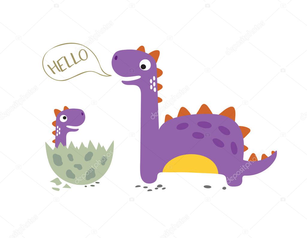 Happy Dinosaur with Baby Dino Sitting in the Egg. Vector illustration