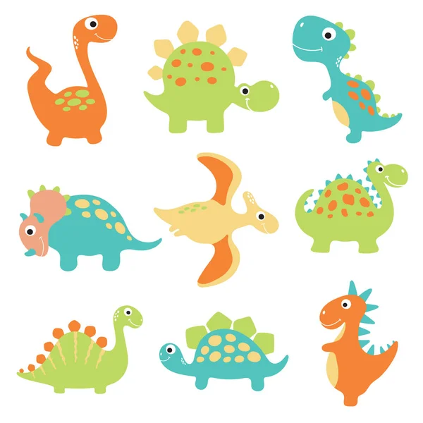 Cute Vector Dinosaurs Isolated White Background — Stock Vector