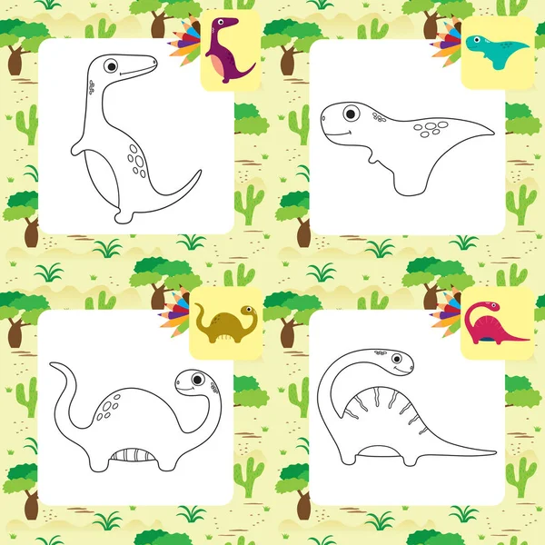 Смешная Коллекция Мультяшных Динозавров Раскраска Векторная Иллюстрация Векторная Графика