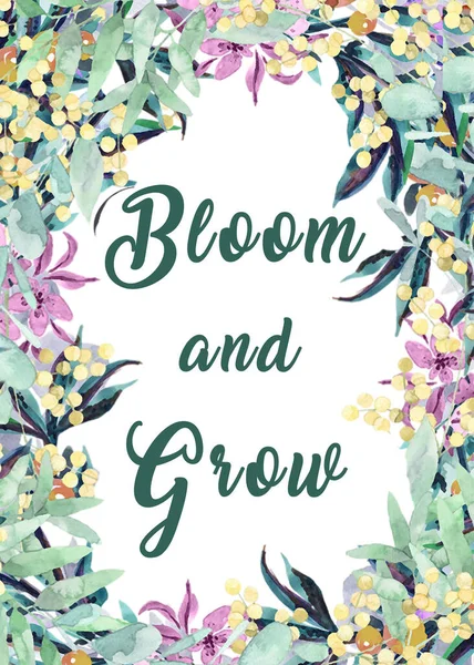 Bloom and grow watercolor flowers wreath inspirational quote poster, greeting card, art print