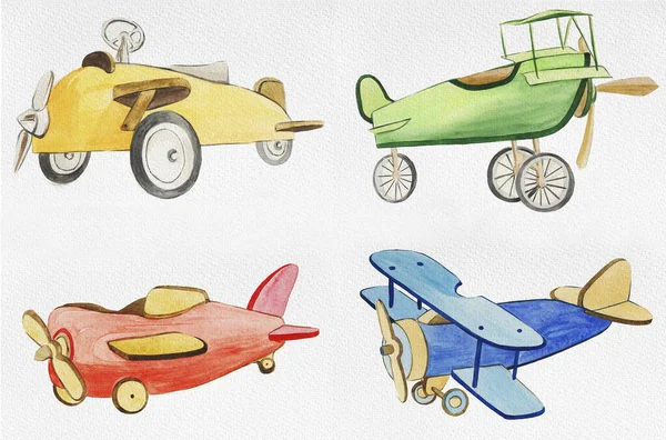 Airplanes of different colors. Watercolor drawing. Kids illustration, multicolored airplanes.