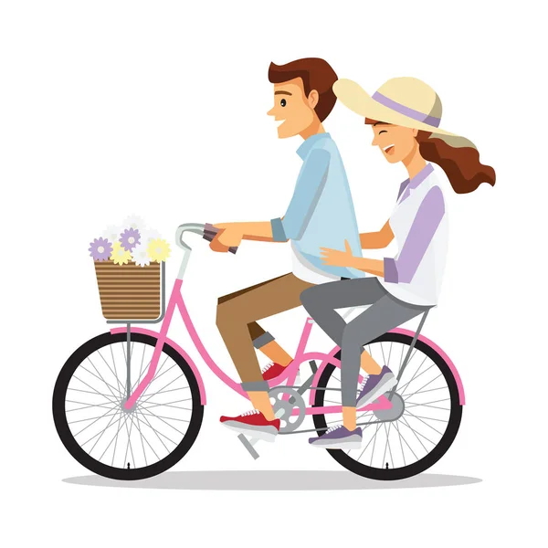 Casal na bicicleta, família de personagens dos desenhos animados — Vetor de Stock