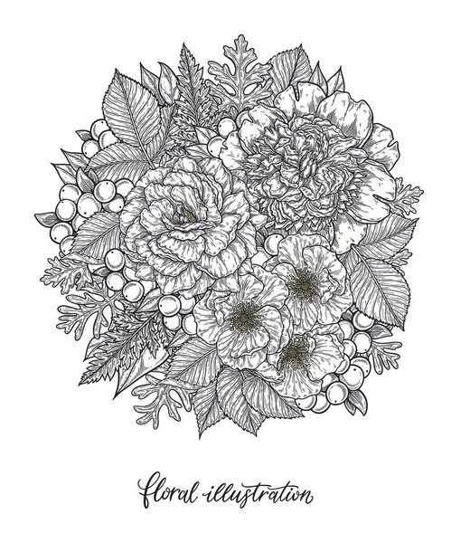 Rózsa és bazsarózsa virágcsokor kézzel rajzolt vonalak. Fekete-fehér monokróm grafikus firka elemek. Elszigetelt vektor illusztráció, színező oldal vagy meghívókártya sablonja — Stock Vector