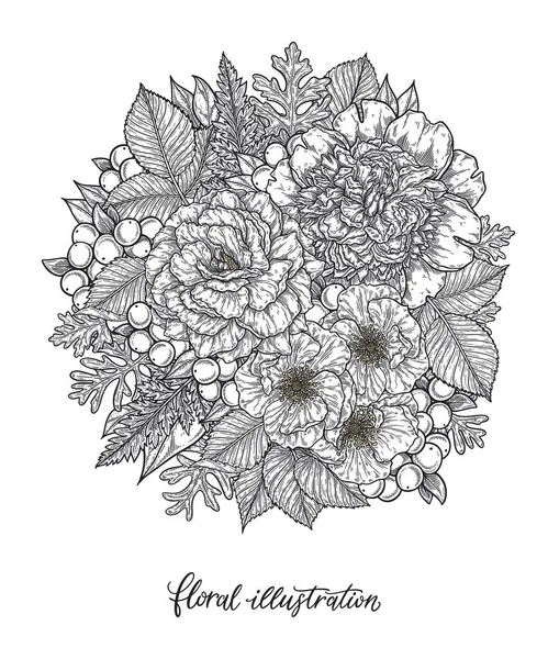 Rozen en pioenen bloem boeket hand getrokken in lijnen. Zwart-wit monochrome grafische doodle elementen. Geïsoleerde vectorillustratie, kleurplaat of uitnodigingskaart sjabloon — Stockvector