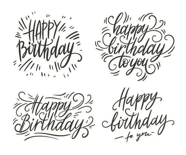 Happy Birthday Doodle Hand Schriftzug-Set. romantischer Hintergrund. Grußkarten-Design-Vorlage. Vektorillustration — Stockvektor