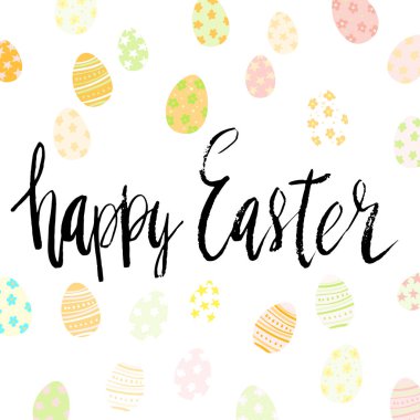 Mutlu Paskalya el fırça yazı ile dekore edilmiş yumurta beyaz arka plan üzerinde yazılı.