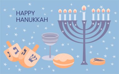 Menora, dreidel, çikolata sikkeleri ve jöleli çöreklerle birlikte mutlu Hanukkah tebrik kartı şablonları. El çizimi düz vektör çizimi.