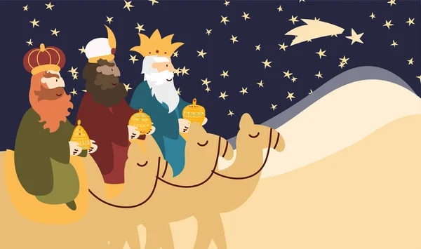 Tarjeta de ilustración vectorial para la celebración del Feliz Día de los Tres Reyes. Lindo personaje de dibujos animados de tres hombres sabios . — Archivo Imágenes Vectoriales