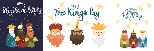 Plantilla de tarjetas de ilustración vectorial para la celebración de la Epifanía. Lindo personaje de dibujos animados de tres hombres sabios. Traducción de títulos: Feliz Día de los Reyes Magos — Vector de stock