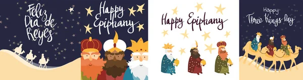 Plantilla de tarjetas de ilustración vectorial para la celebración de la Epifanía. Lindo personaje de dibujos animados de tres hombres sabios. Traducción de títulos: Feliz Día de los Reyes Magos — Vector de stock