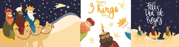 Plantilla de tarjetas de ilustración vectorial para la celebración de la Epifanía. Lindo personaje de dibujos animados de tres hombres sabios. Traducción de títulos: Feliz Día de los Reyes Magos — Vector de stock