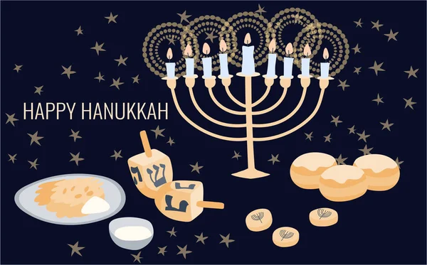 Happy Hanukkah wzór karty okolicznościowej z menorą, dreidel, monety czekoladowe i pączki galaretki. Ręcznie rysowane płaski wektor ilustracja. — Wektor stockowy