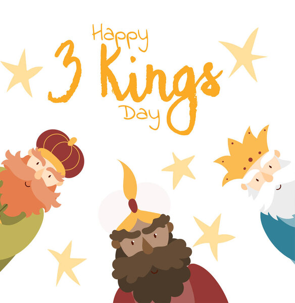 Vector illustration card for Happy Three Kings Day celebration. Cute cartoon character of three wise men.