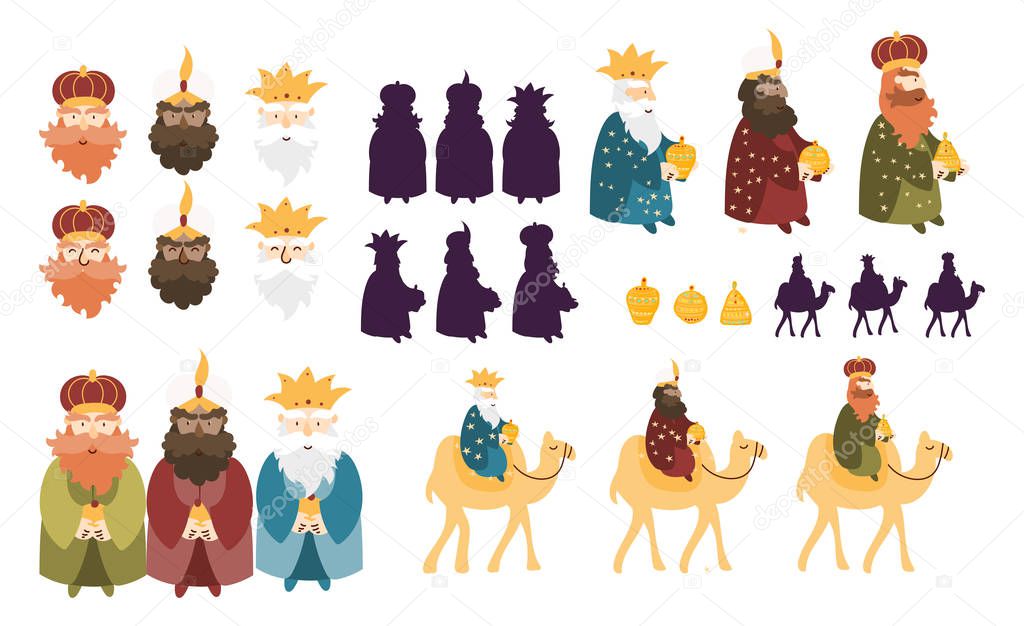 Happy Three Kings Day celebration. Cute cartoon characters of three wise men vector art set.