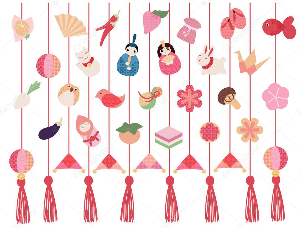Hina Matsuri Japanese Girls Festival celebration card. Tsurushi Bina hanging handmade decoration with emperor family dolls and various objects. Caption translation: Hinamatsuri
