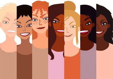 Farklı ırktan mutlu, gülen bir grup kadın birlikte. Düz stil çizimi beyaza izole edilmiş. Feminizm çeşitliliği hoşgörü kız güç kavramı.