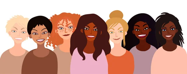 Egy csapat boldog mosolygós nő különböző fajokból. Lapos stílusú illusztráció elszigetelt fehér. Feminizmus sokszínűség tolerancia lány hatalom koncepció. — Stock Vector