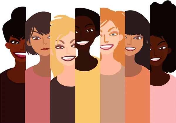 Groupe de femmes souriantes heureuses de différentes races ensemble. Illustration de style plat isolée sur blanc. Féminisme diversité tolérance fille pouvoir concept . — Image vectorielle