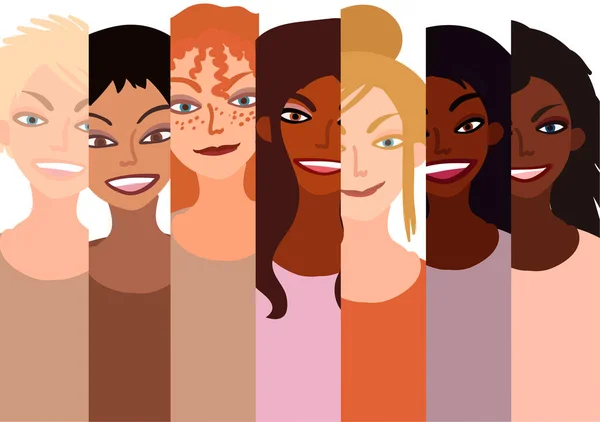 서로 다른 인종의 여성들이 함께 웃으며 행복해 하는 모습. 흰색에서 분리 된 평평 한 형태의 그림. 여성주의 다양성 관용걸 파워 개념. — 스톡 벡터